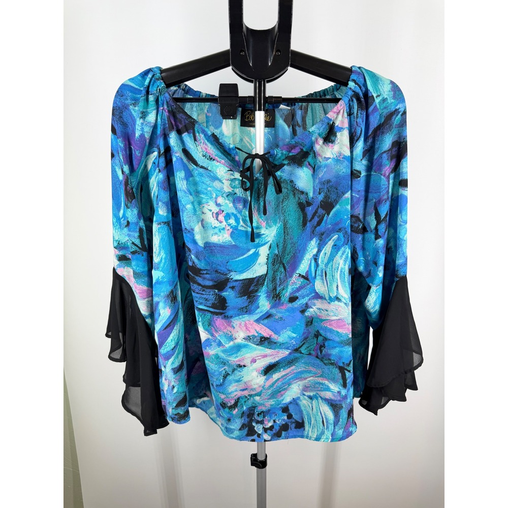 Bob Mackie Wearable Art Blouse Blue Abstract Floral Ruffle Bell Sleeve Medium